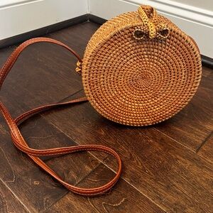 Vintage Round Woven Crossbody Bag Handmade in Vietnam Natural Brown